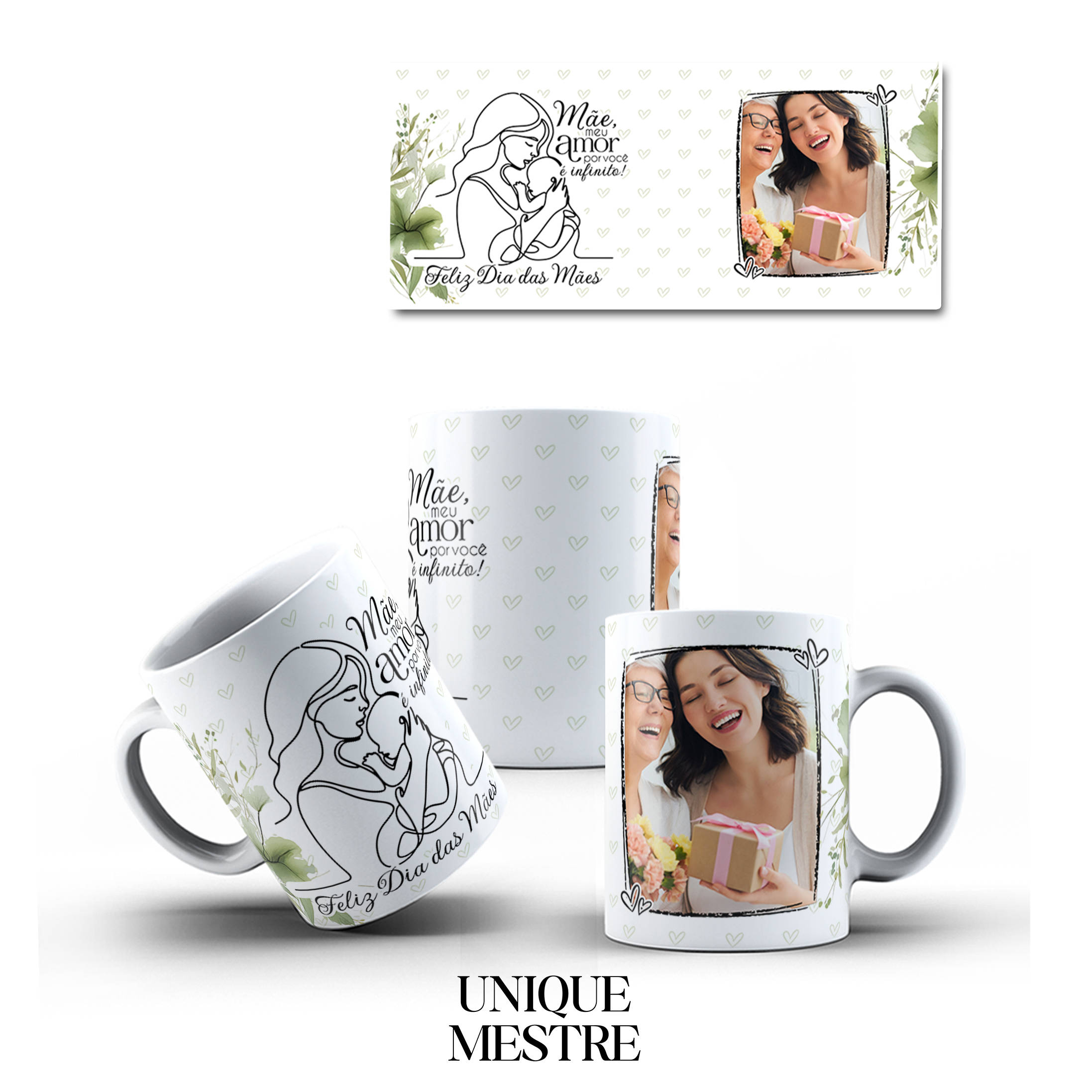 Caneca Personalizada - Dia das Mães - Mãe, o meu amor por você é infinito - Flores Verdes - COM FOTO