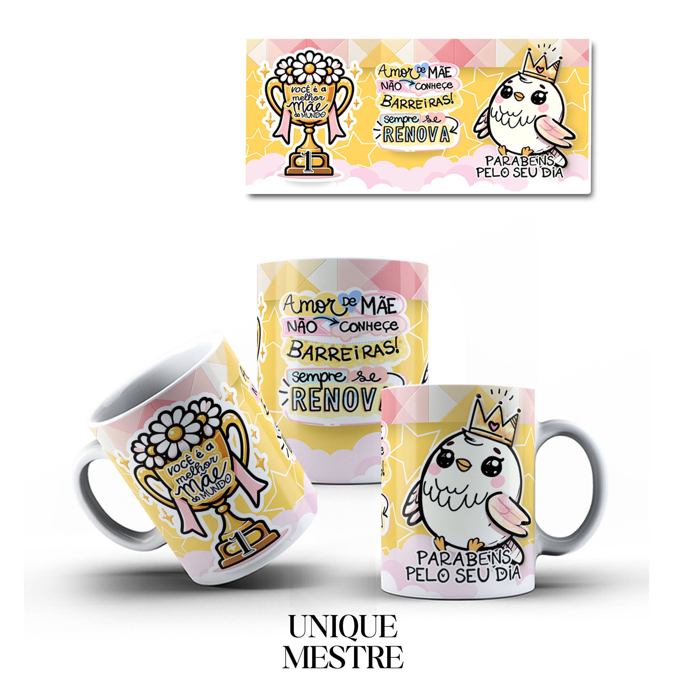 Caneca Personalizada - Dia das Mães - Troféu de Melhor Mãe - Amor de Mãe não conhece barreiras, sempre se Renova